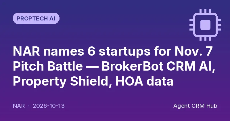 Proptech AI cover: NAR names 6 startups for Nov. 7 Pitch Battle — BrokerBot CRM AI, Property Shield, HOA data (NAR)