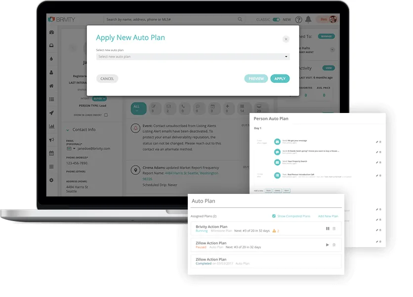 Brivity Auto Plans workflow for applying action plans to a contact — vendor-official public product image