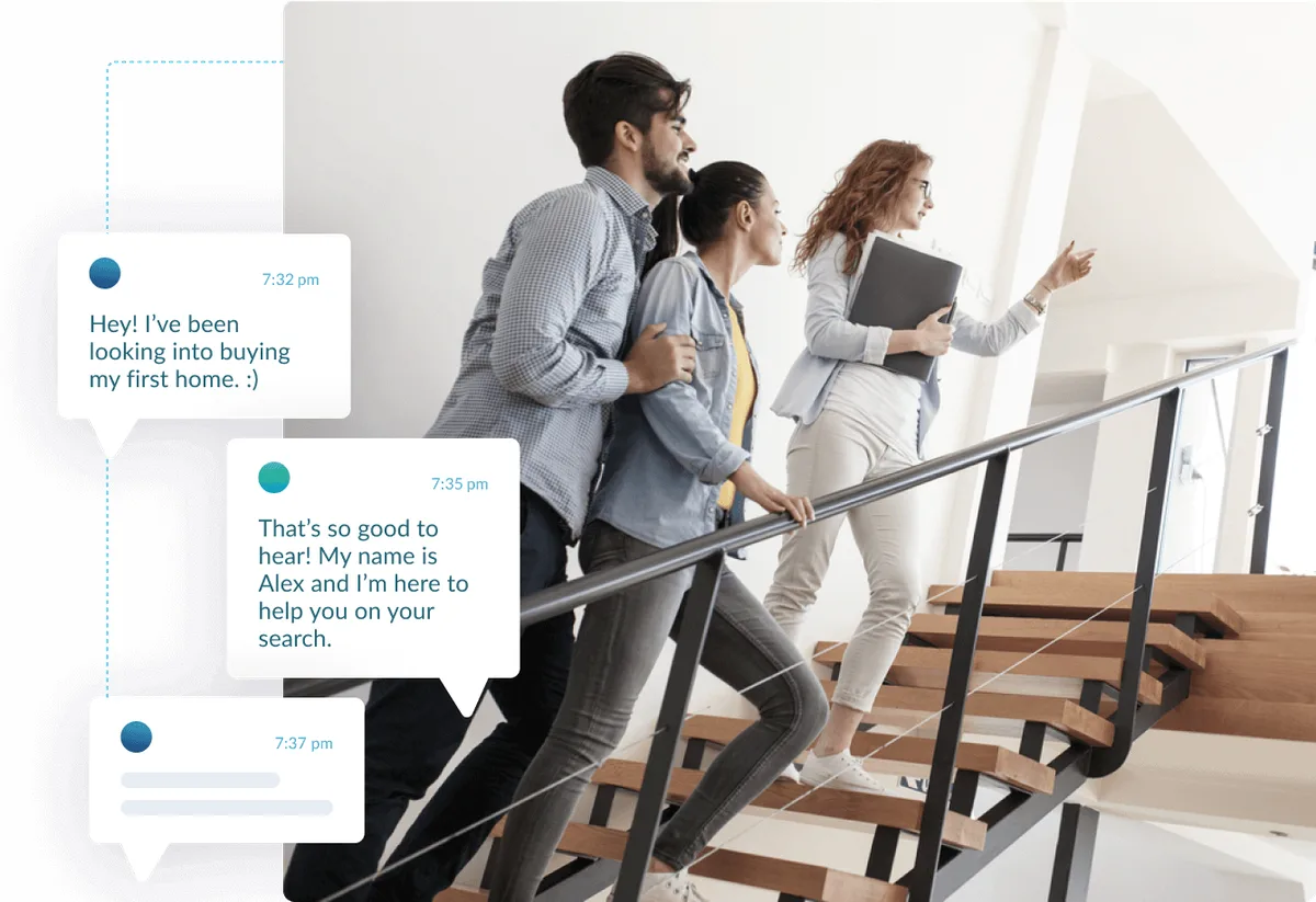 CINC nurture chat overlay on a home-tour photo — vendor-official marketing product image