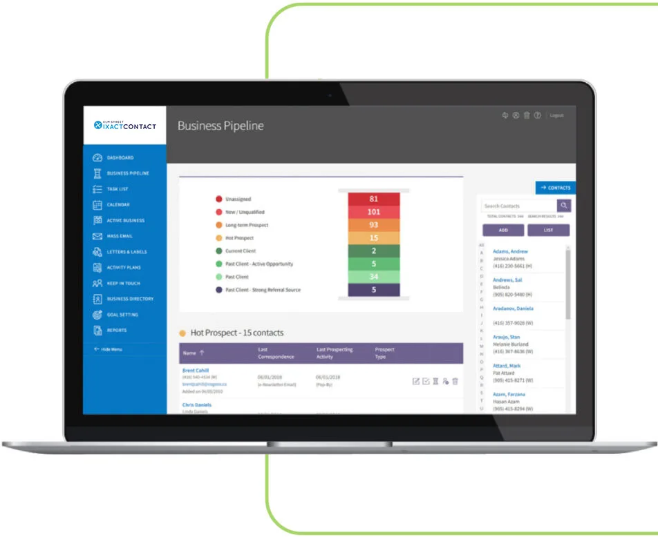 IXACT Contact Business Pipeline on a laptop mockup — vendor-official public product image