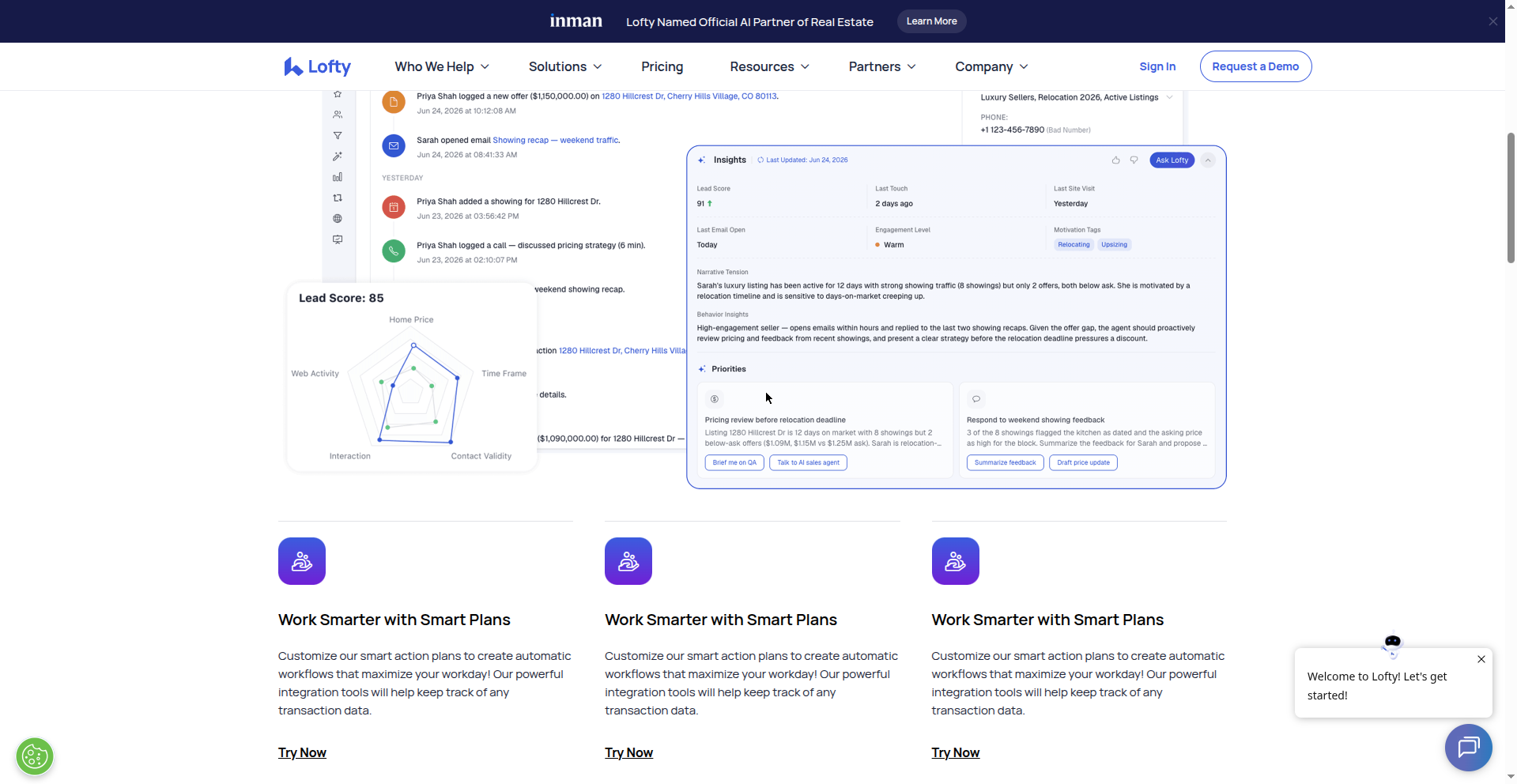 Lofty AI priorities — lead score radar and today's call tasks
