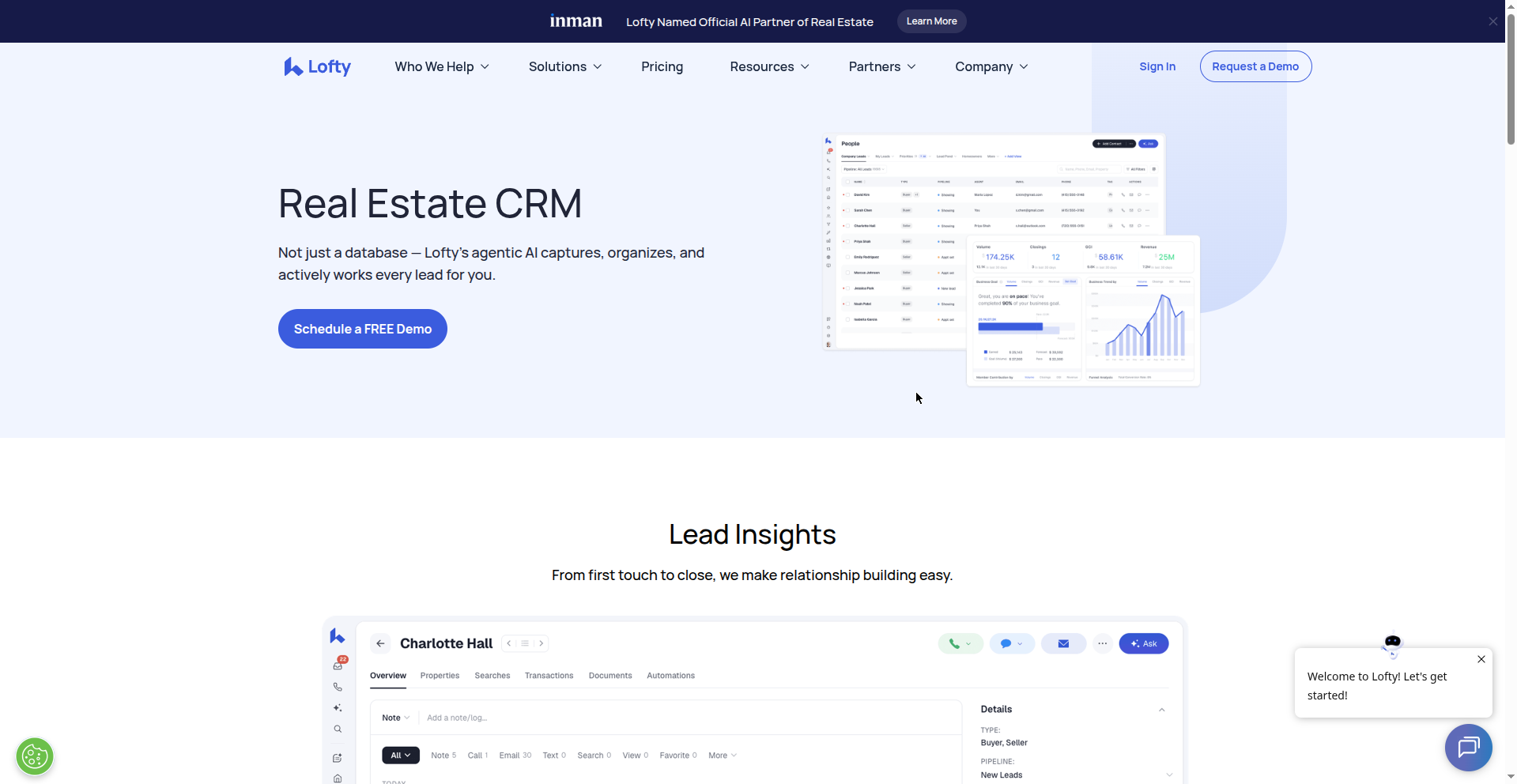 Lofty homepage hero showing the CRM lead list and Lead Insights views — vendor-official public product image