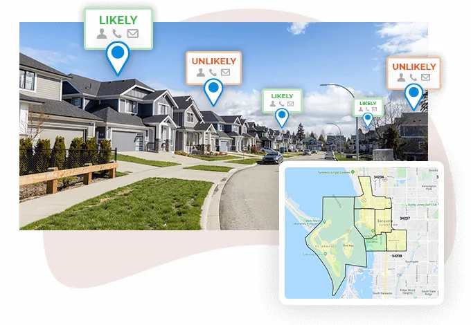 Top Producer smart targeting with likely/unlikely homeowner pins — vendor-official public product image